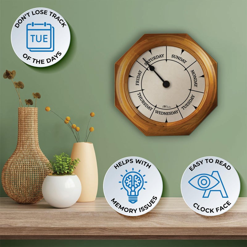 DayClocks Classic Day of The Week Wall Clock with Solid Wood Frame â€“ Calendar Day Clock â€“ Ideal Retirement Gift for Men & Women â€“ Oak, 10" - Image 2